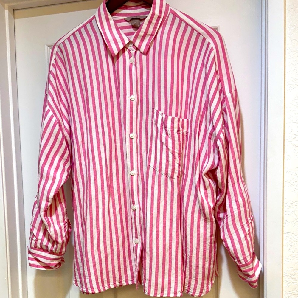 H&M Pink and White Striped Cotton Linen Casual Shirt